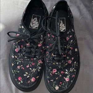 All black floral and polka dot vans